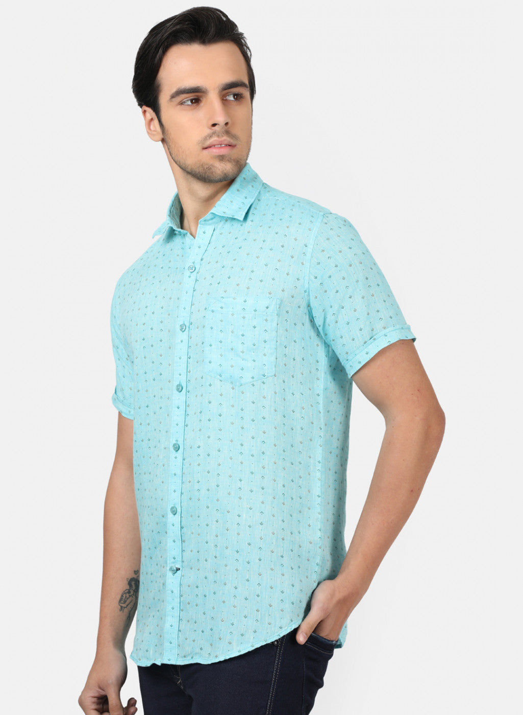 Men Blue Printed Linen Shirt