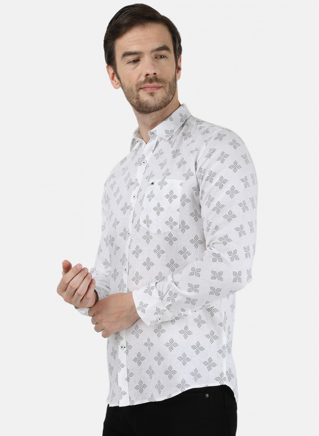 Mens White Printed Linen Shirt