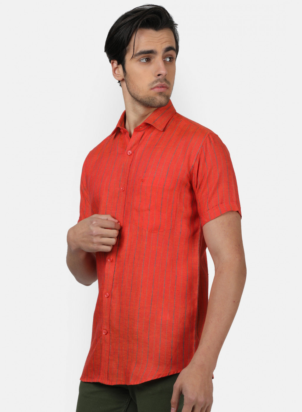 Men Red Stripe Linen Shirt