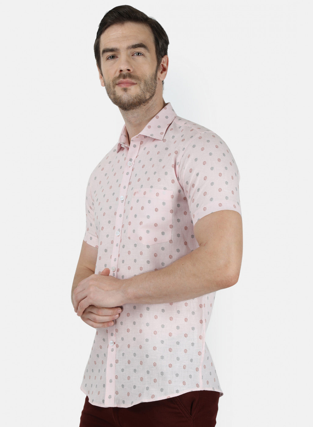 Mens Peach Printed Linen Shirt
