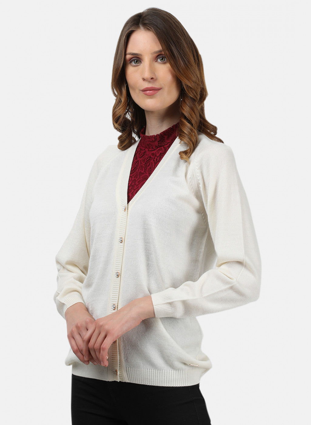 Women Off White Solid Cardigan