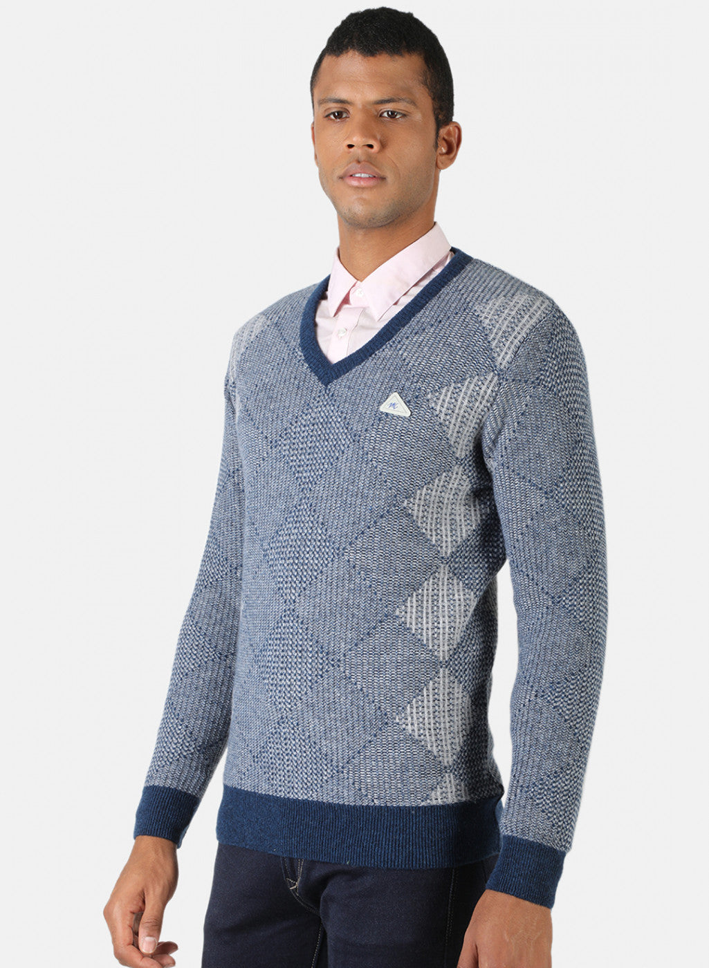 Men Blue & Grey Solid Pullover