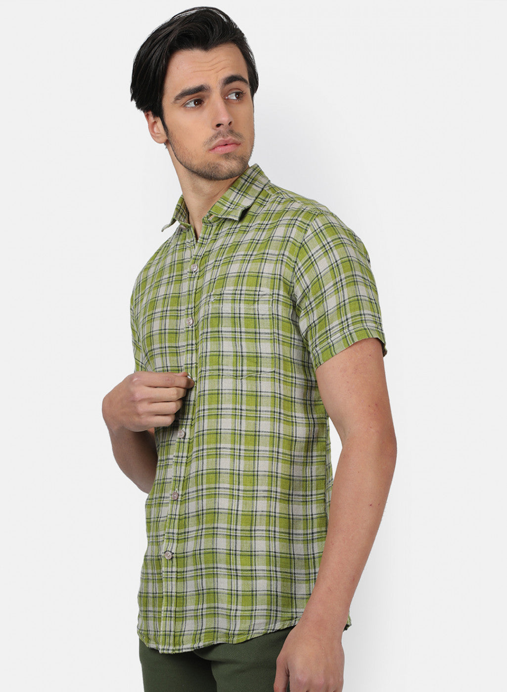Men Olive Check Linen Shirt