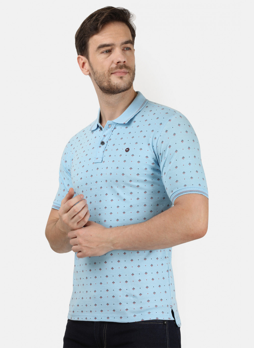 Mens Sky Blue Printed Collar T-Shirts