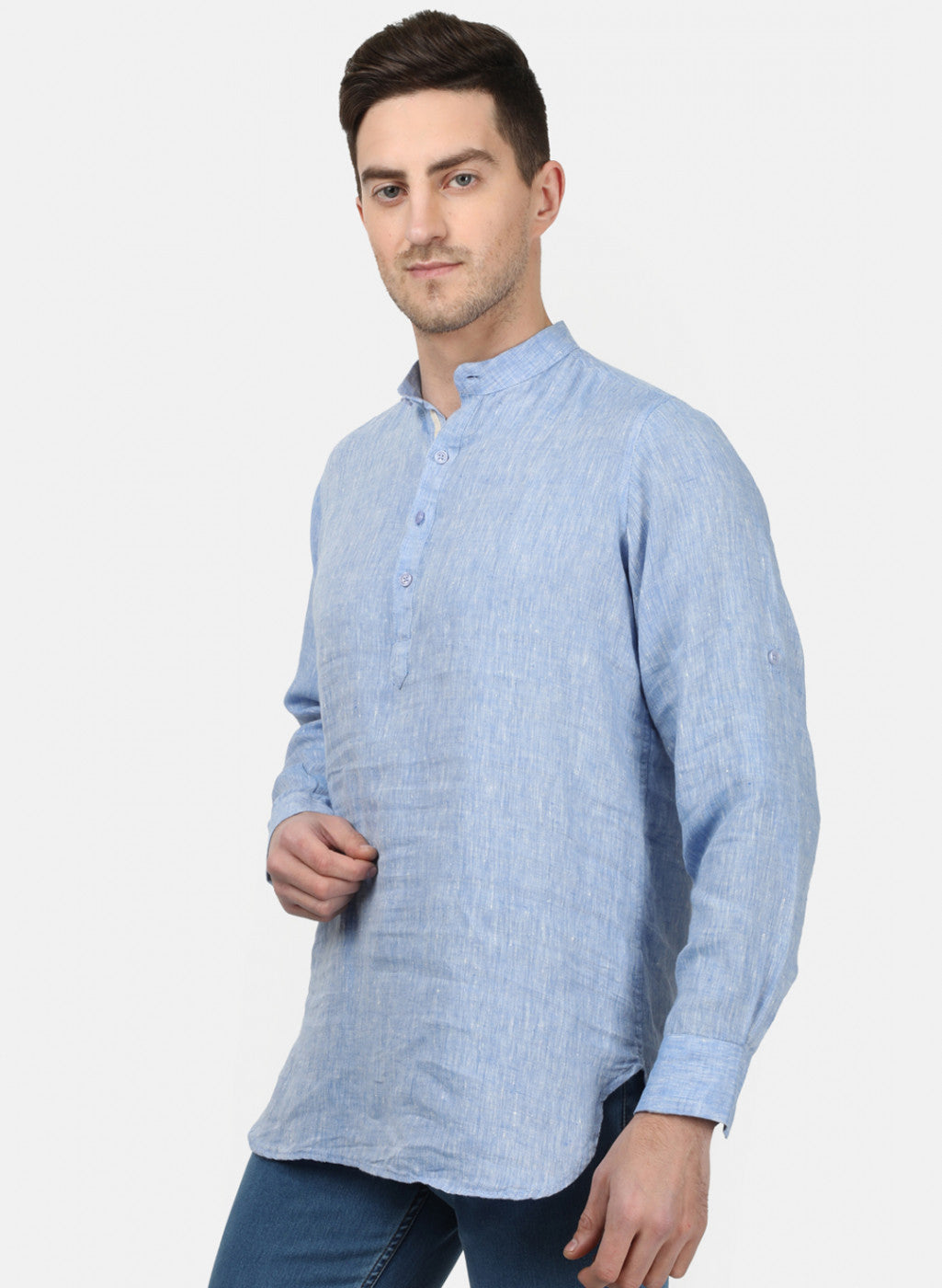 Mens Sky Blue Solid Linen Shirt