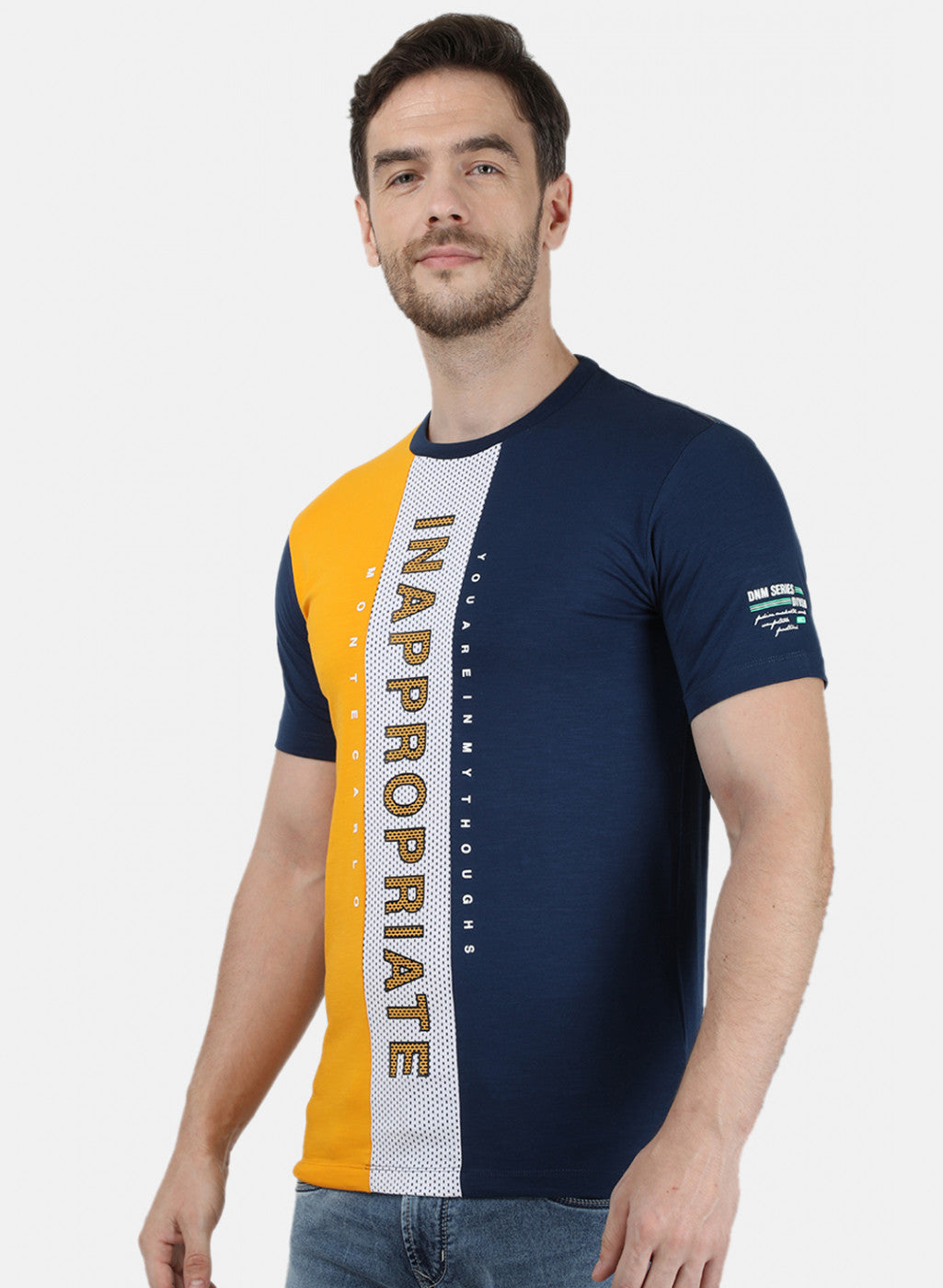 Mens Mustard Printed Round Neck T-Shirts