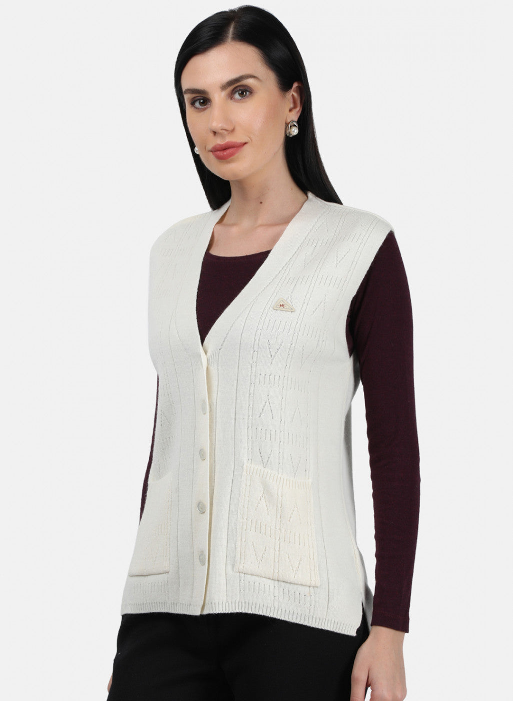 Women Off White Self Design Cardigan