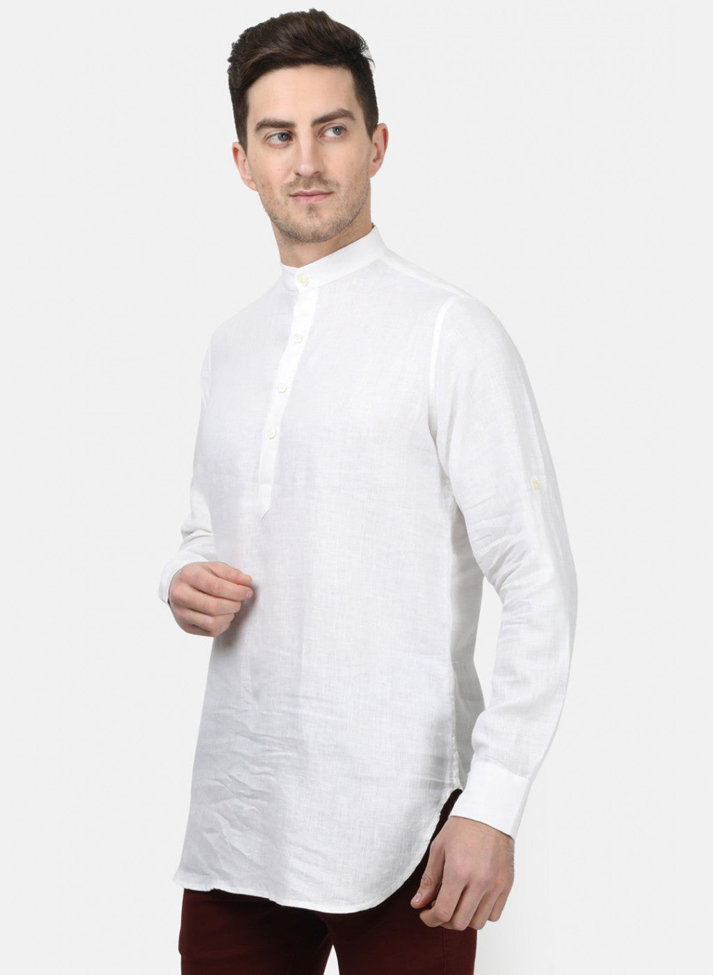 Mens White Solid Linen Shirt