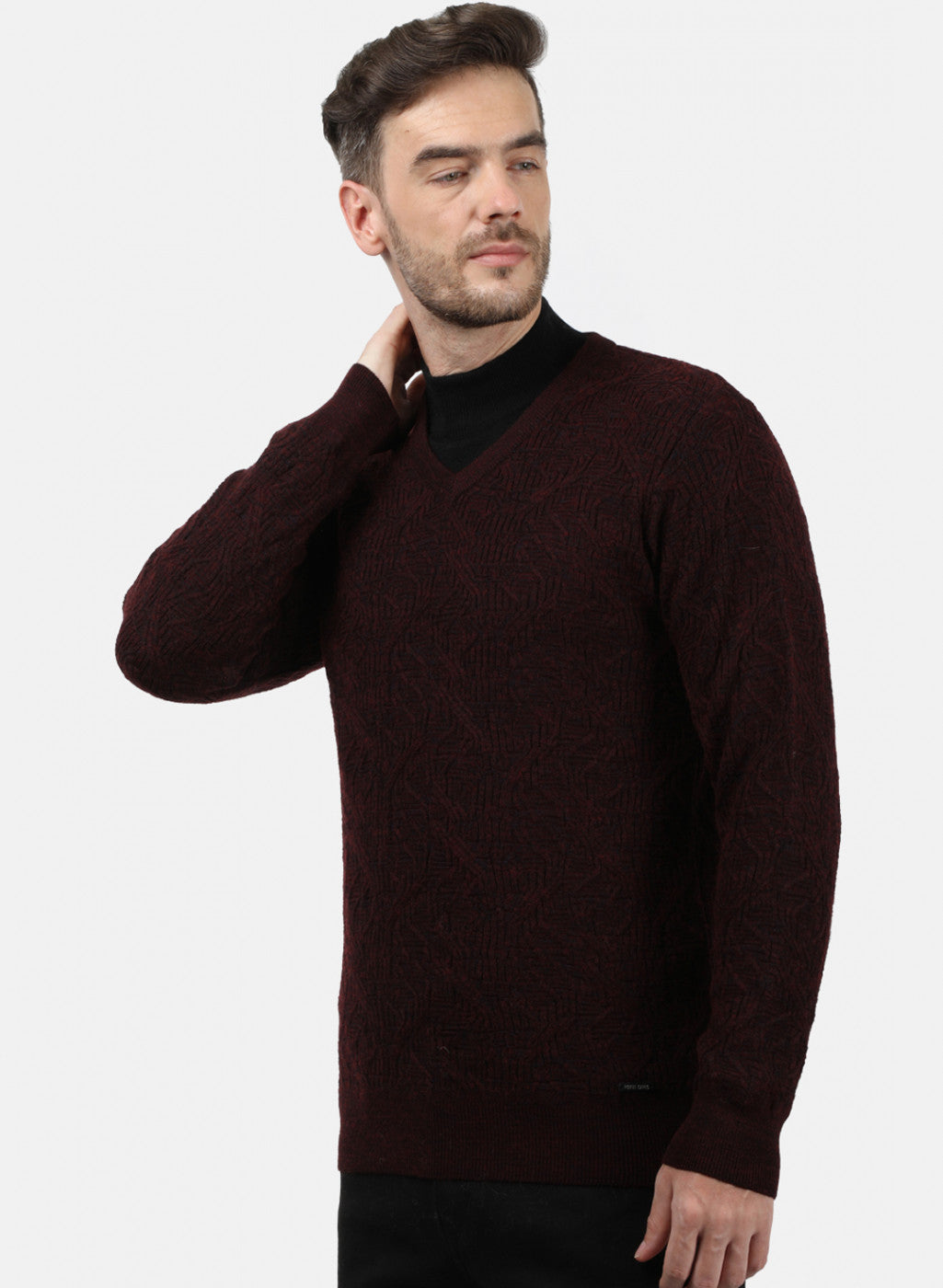 Men Maroon Self Pullover