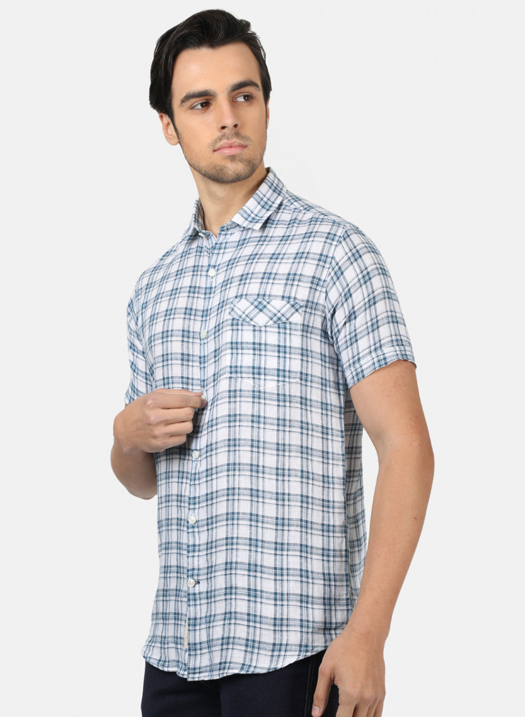 Men Blue Check Linen Shirt