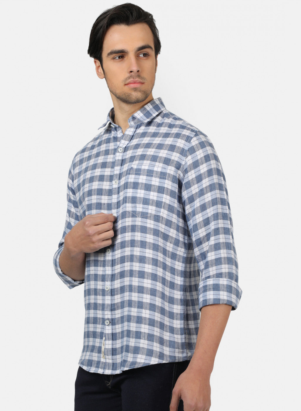 Men Blue Check Linen Shirt