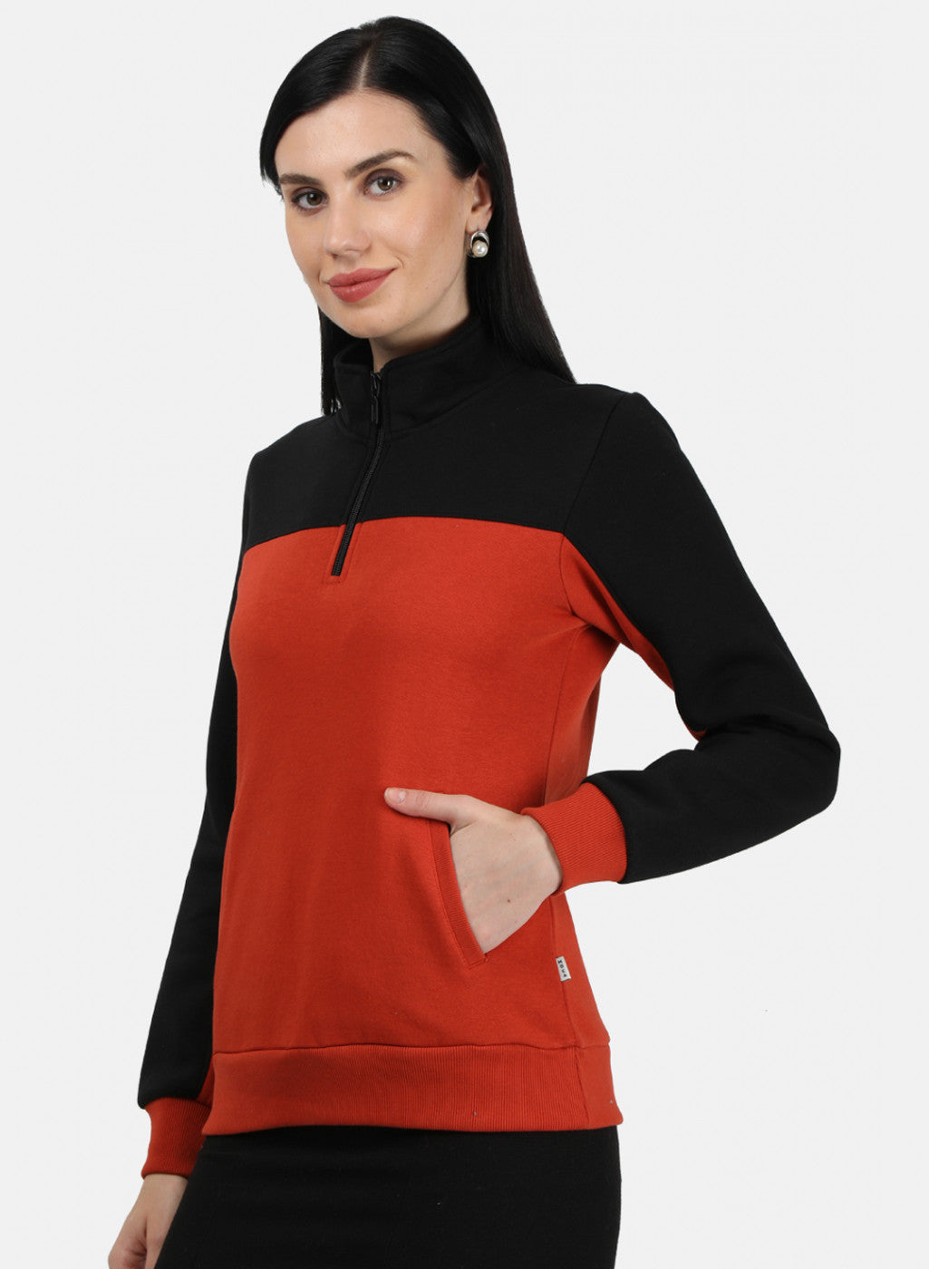 Women Black & Orange Plain Sweatshirt
