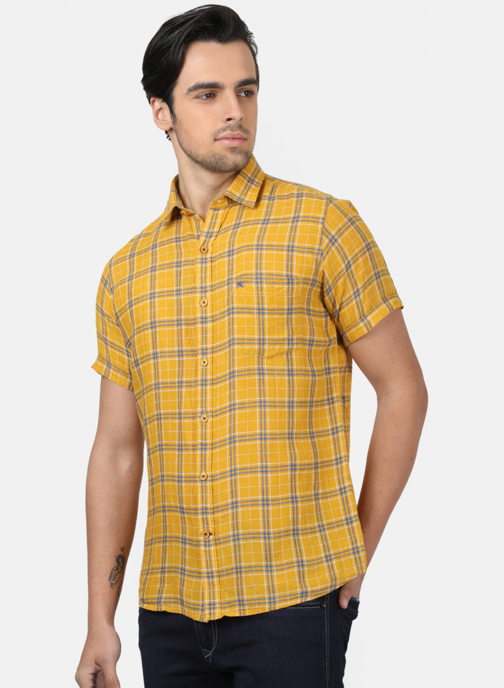 Men Mustard Check Linen Shirt