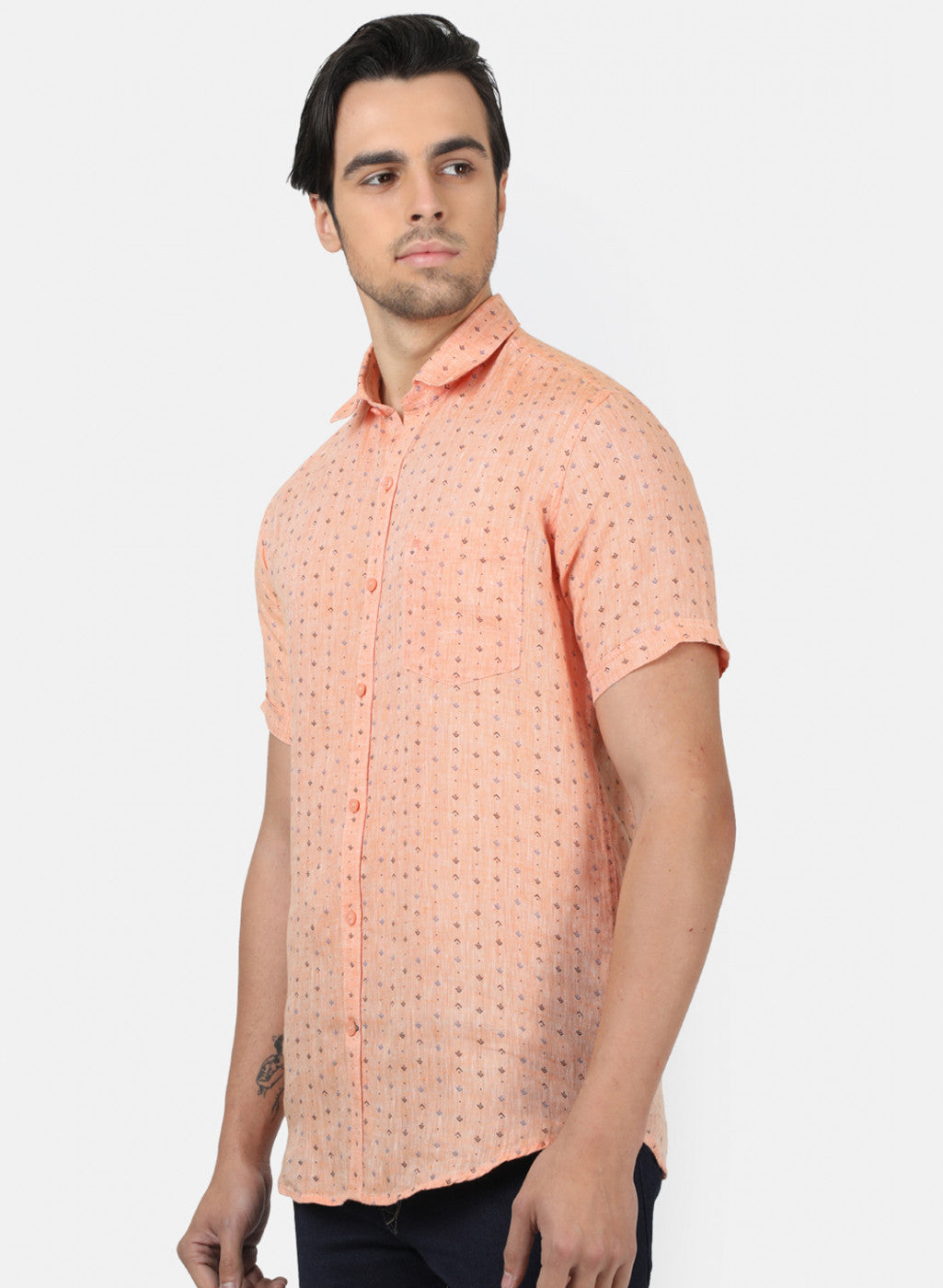 Men Light Orange Printed Linen Shirt