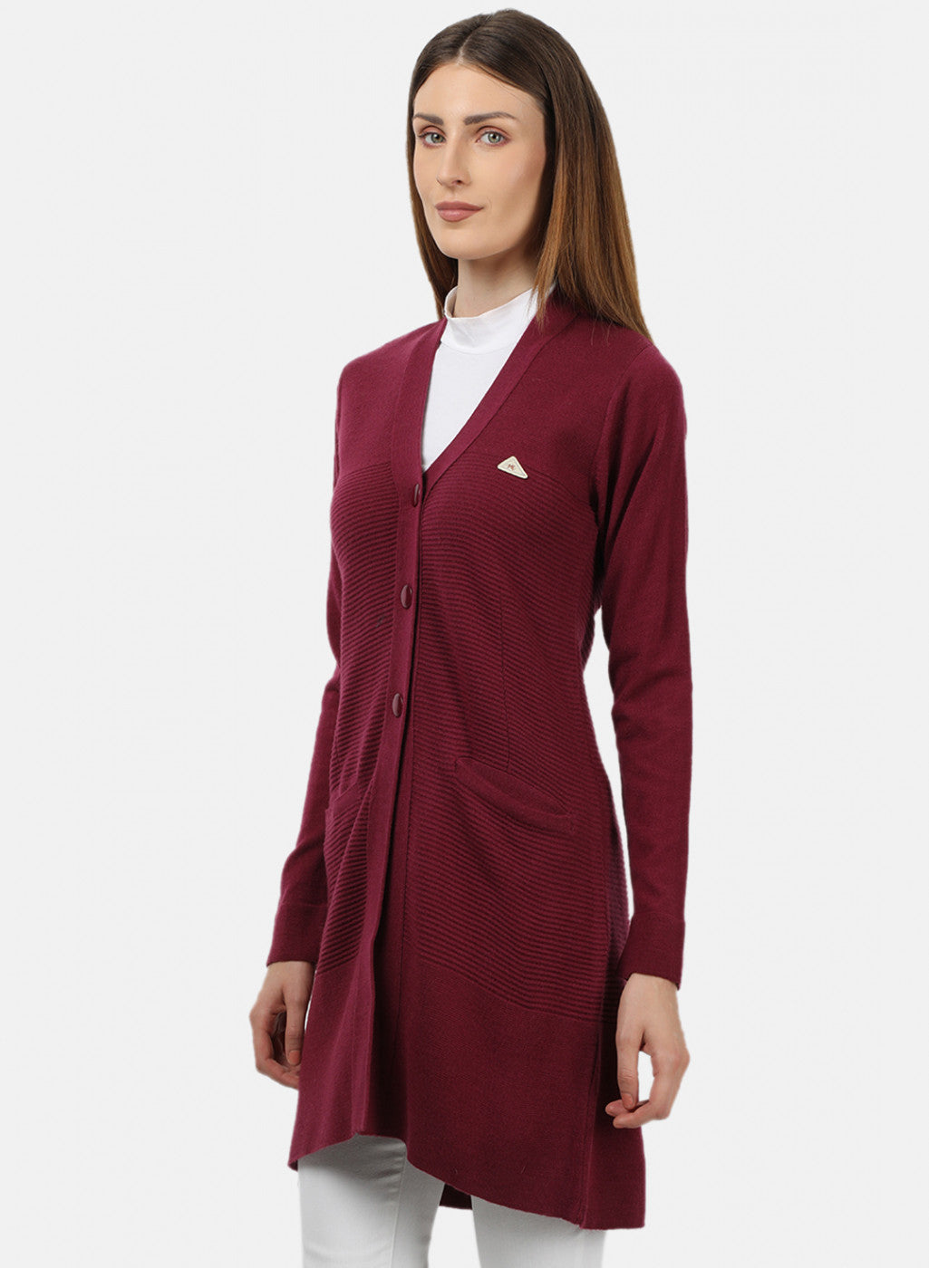 Women Maroon Self Design Cardigan