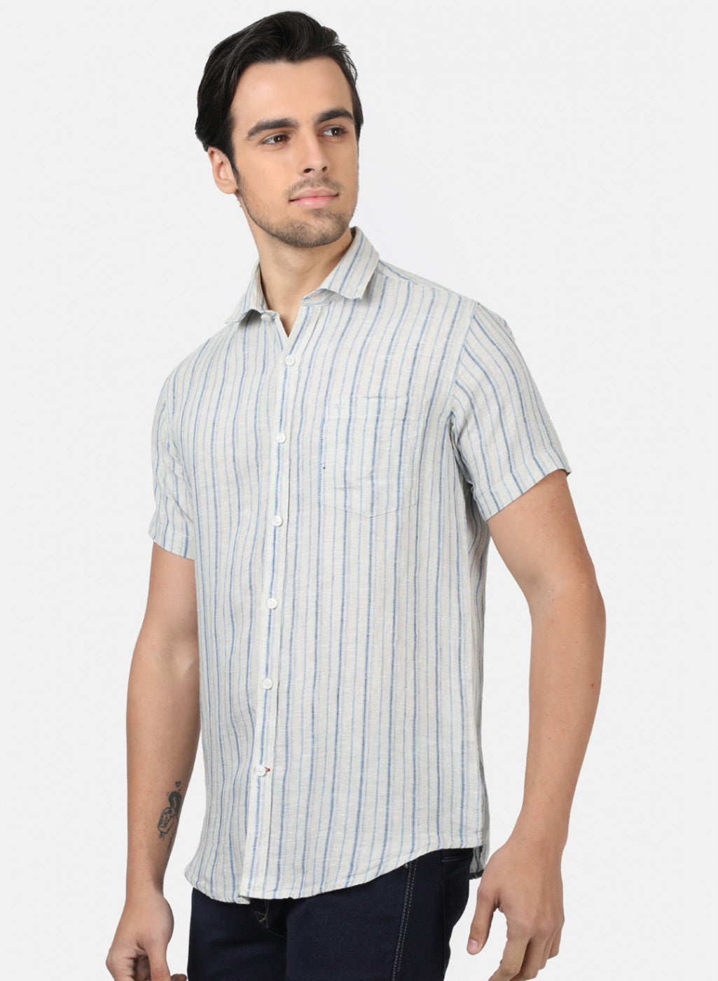 Men Off White Stripe Linen Shirt