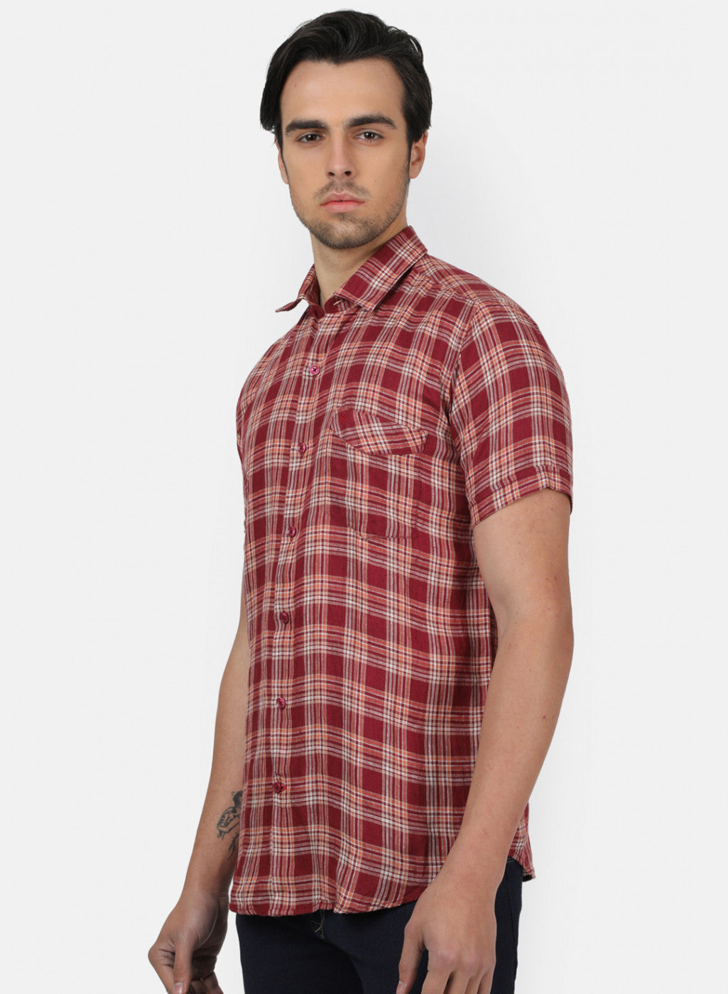 Men Maroon Check Linen Shirt
