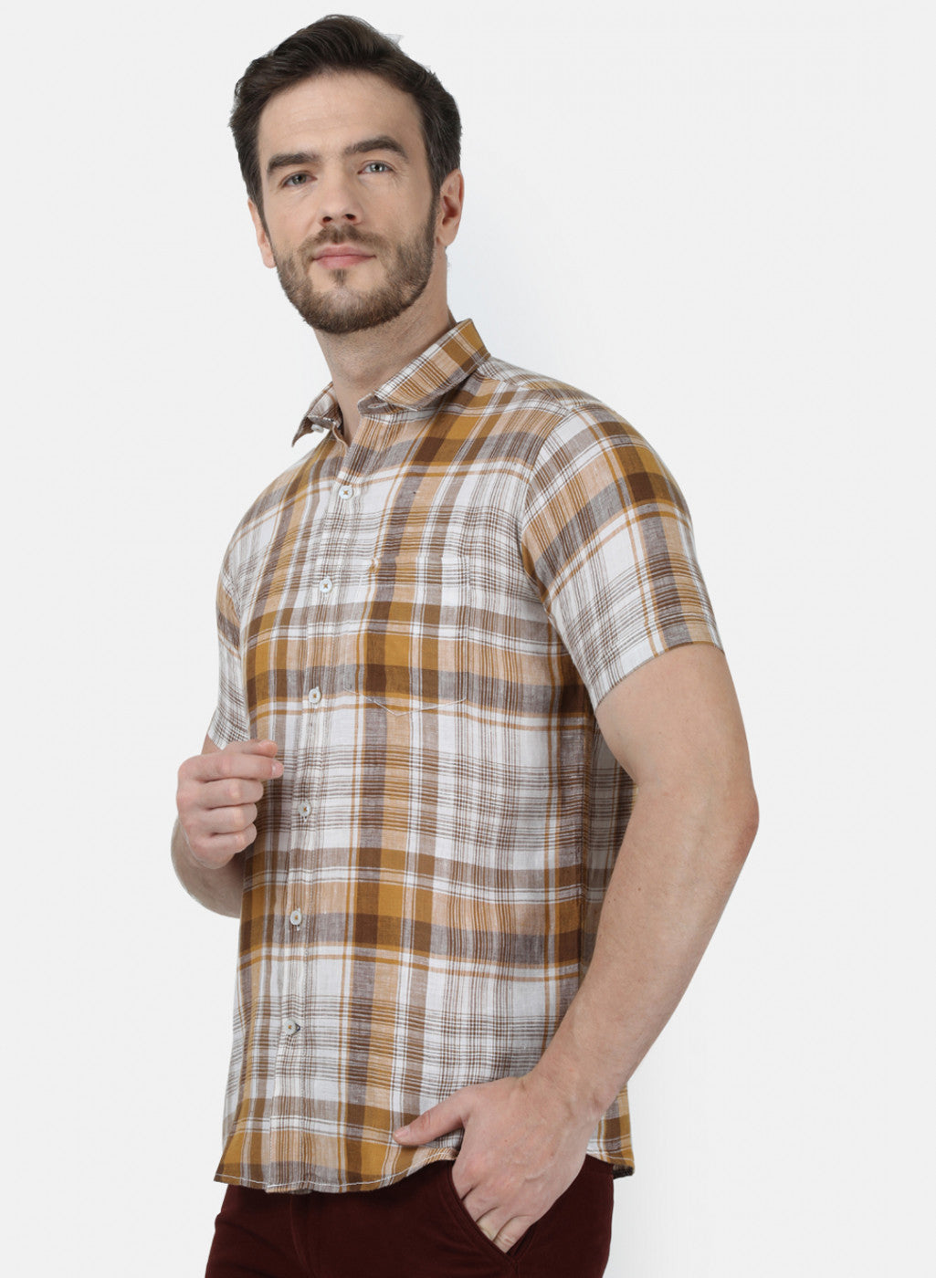 Mens Brown Check Linen Shirt