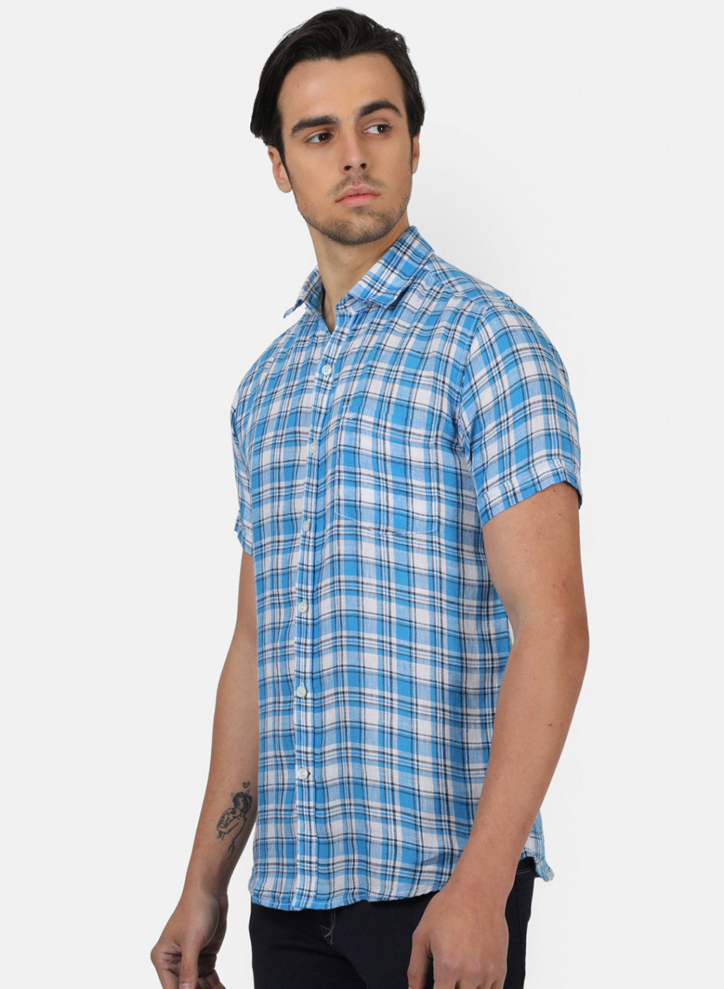 Men Blue Check Linen Shirt