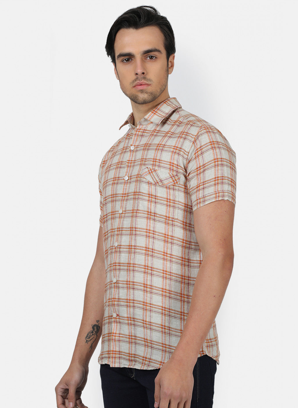 Men Beige Check Linen Shirt