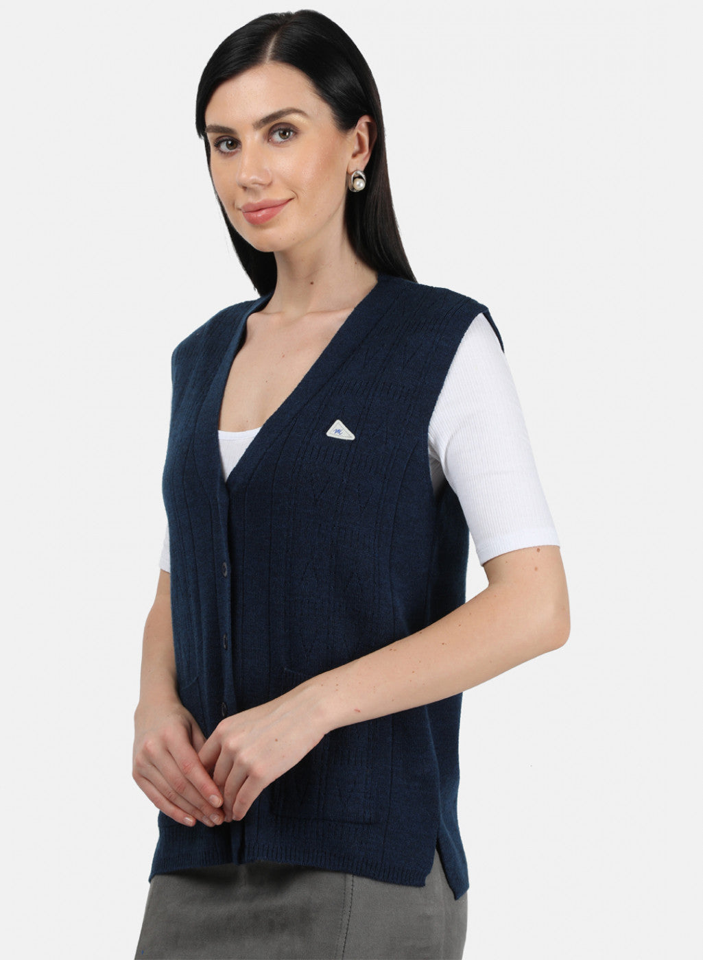Women Navy Blue Self Design Cardigan