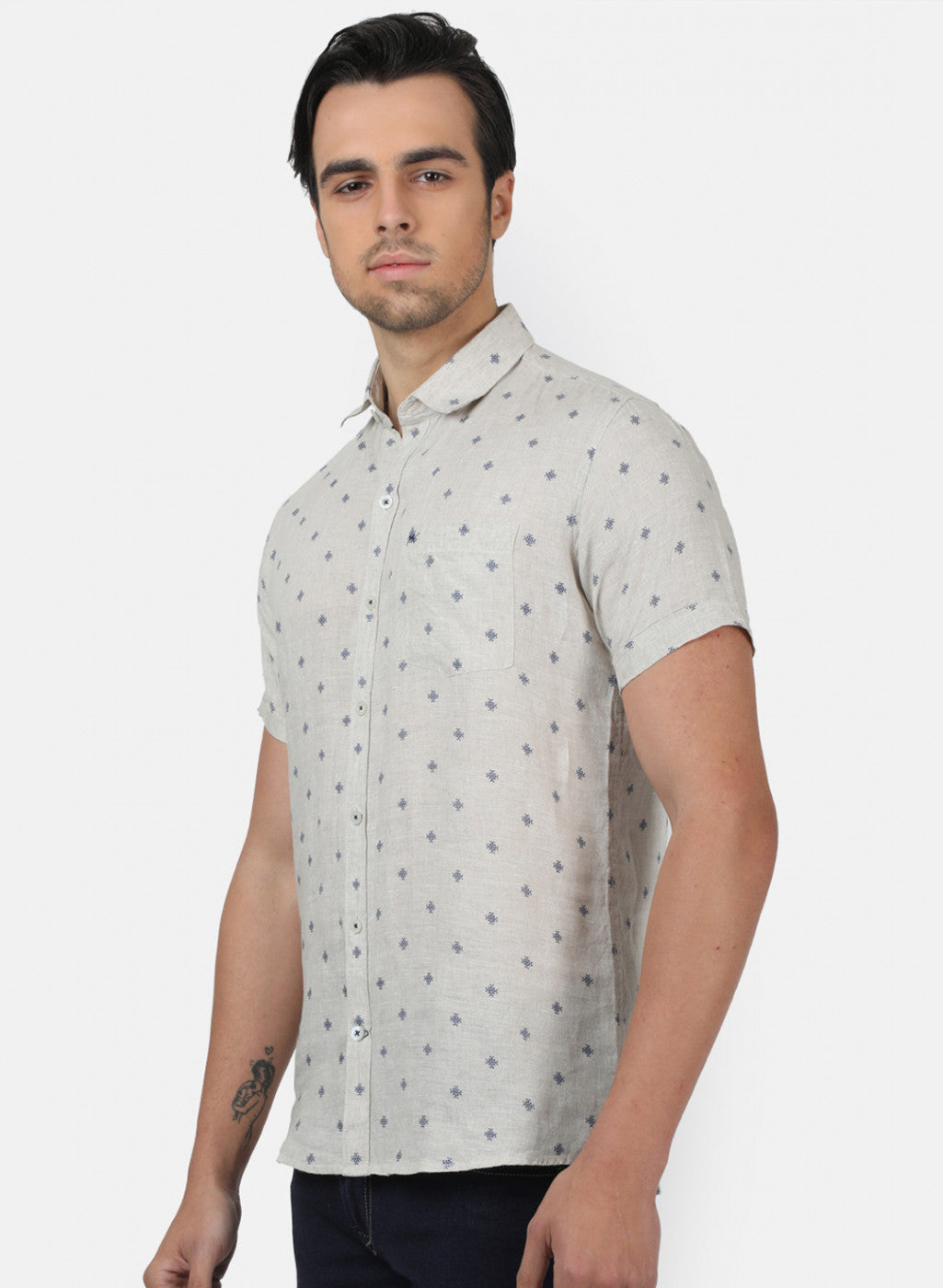 Men Grey Printed Linen Shirt