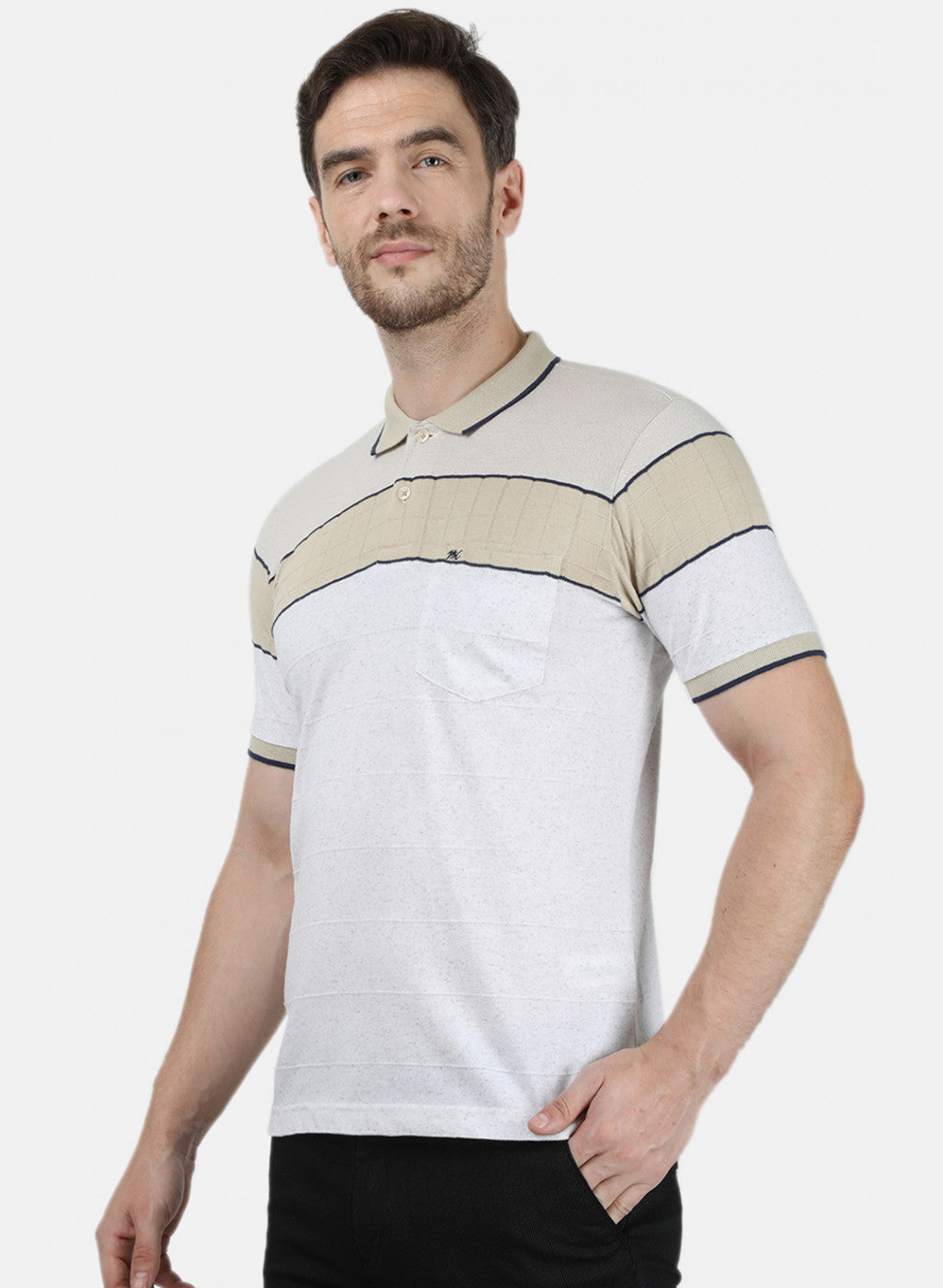 Mens Beige Stripe Collar T-Shirts