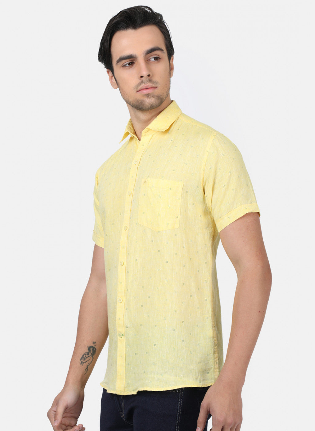 Men Yellow Printed Linen Shirt