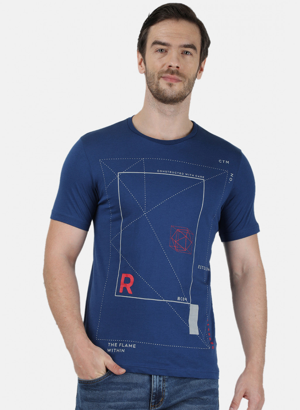 Mens Blue & Yellow Printed T-Shirt