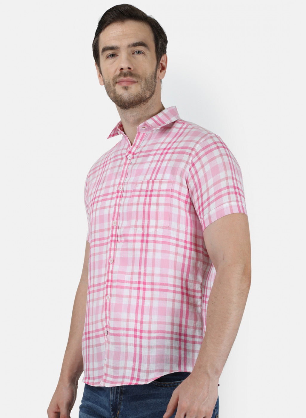Mens Pink Check Linen Shirt