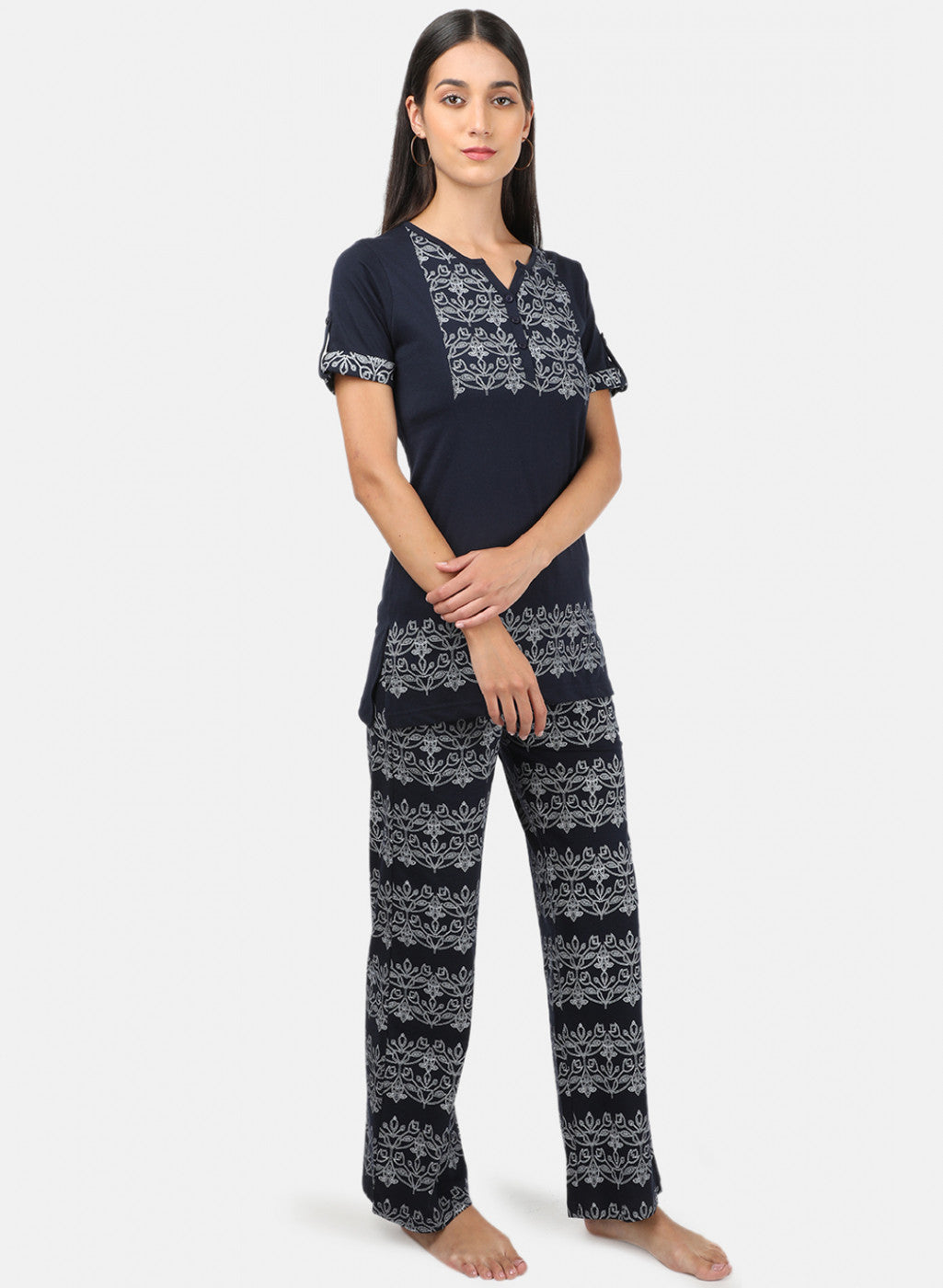 Womens Navy Blue Printed Plazoo Set