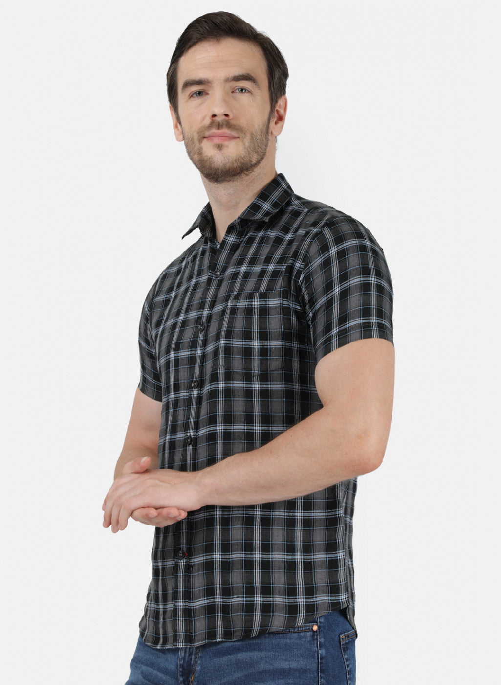 Mens Black Check Linen Shirt
