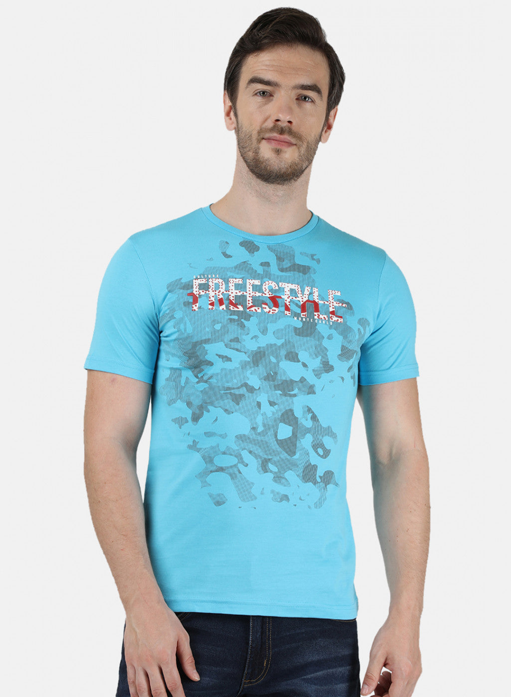 Mens Blue & Off White Printed T-Shirt