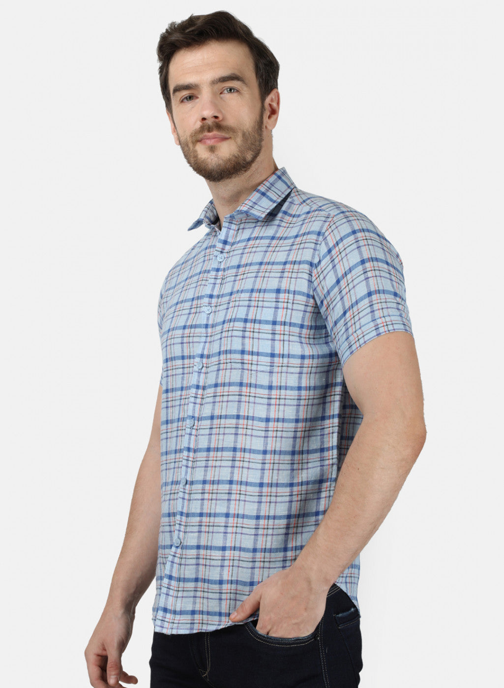 Mens Sky Blue Check Linen Shirt