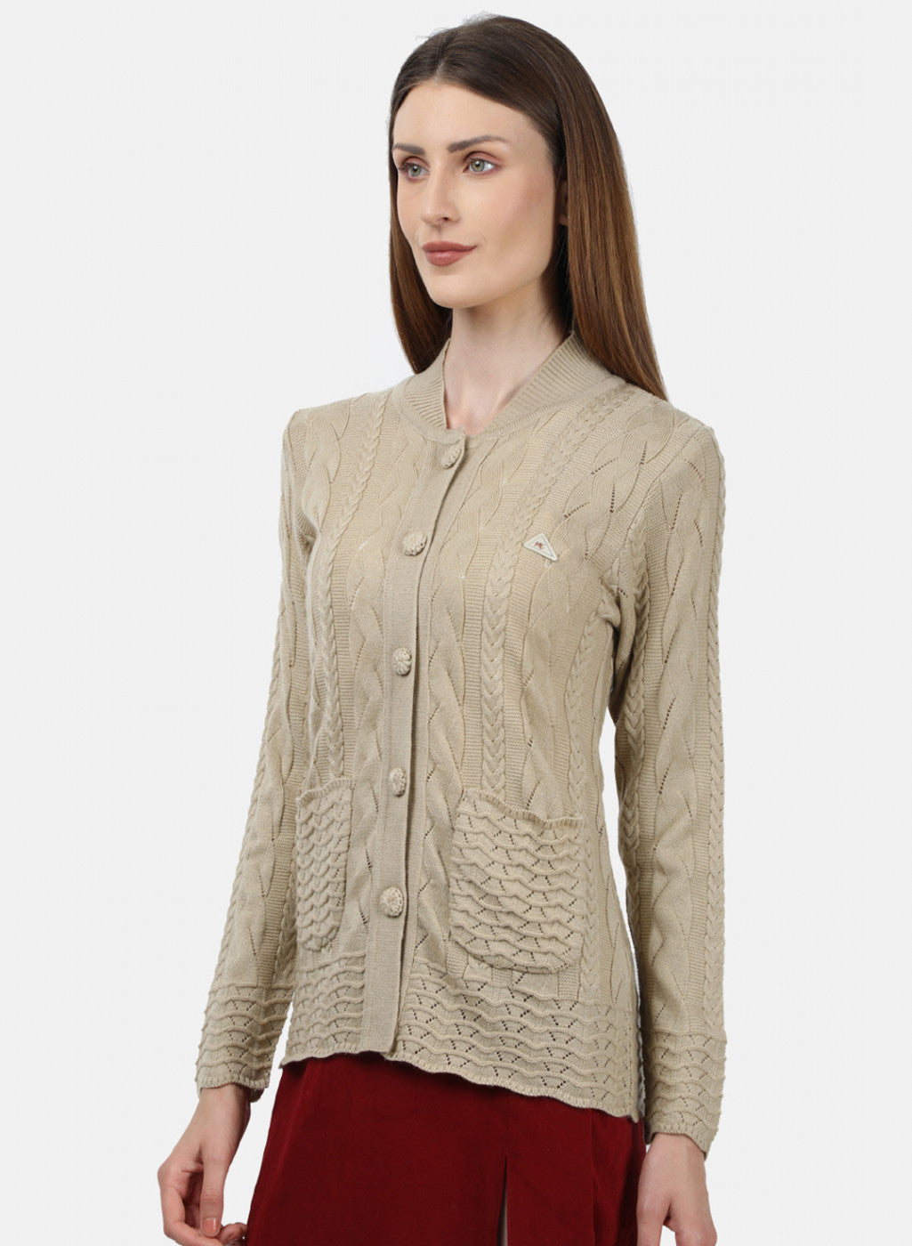 Women Beige Self Design Cardigan
