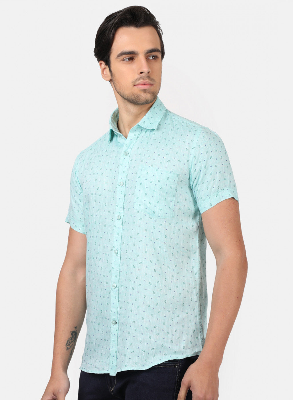 Men Green Printed Linen Shirt