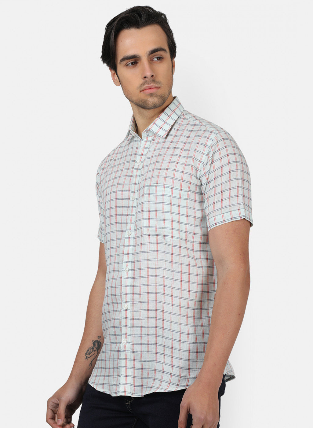 Men Light Green Check Linen Shirt