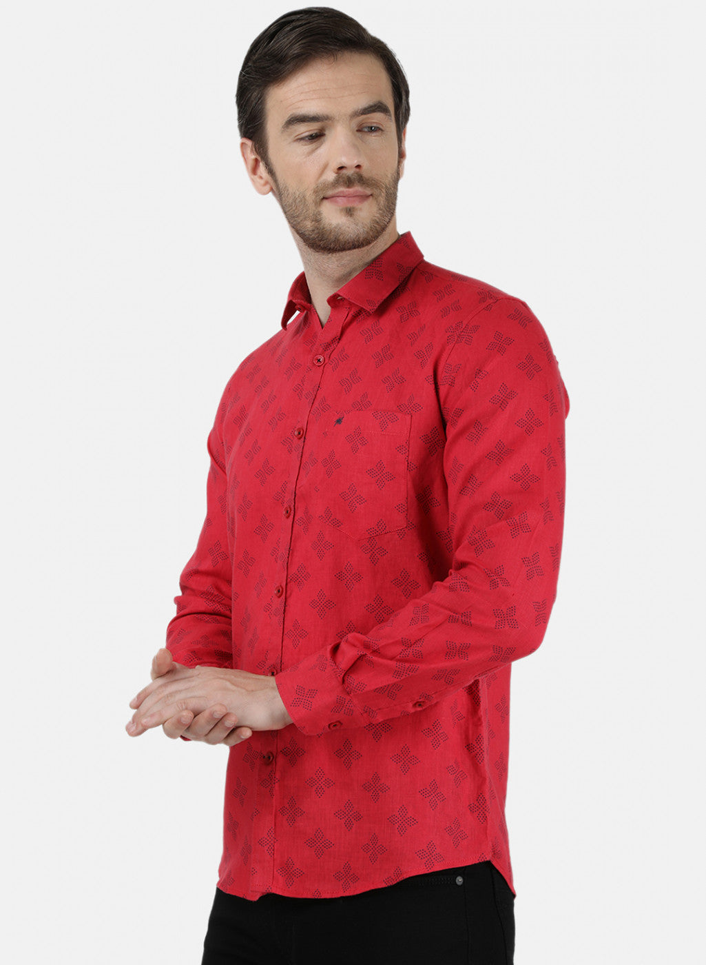 Mens Maroon Printed Linen Shirt