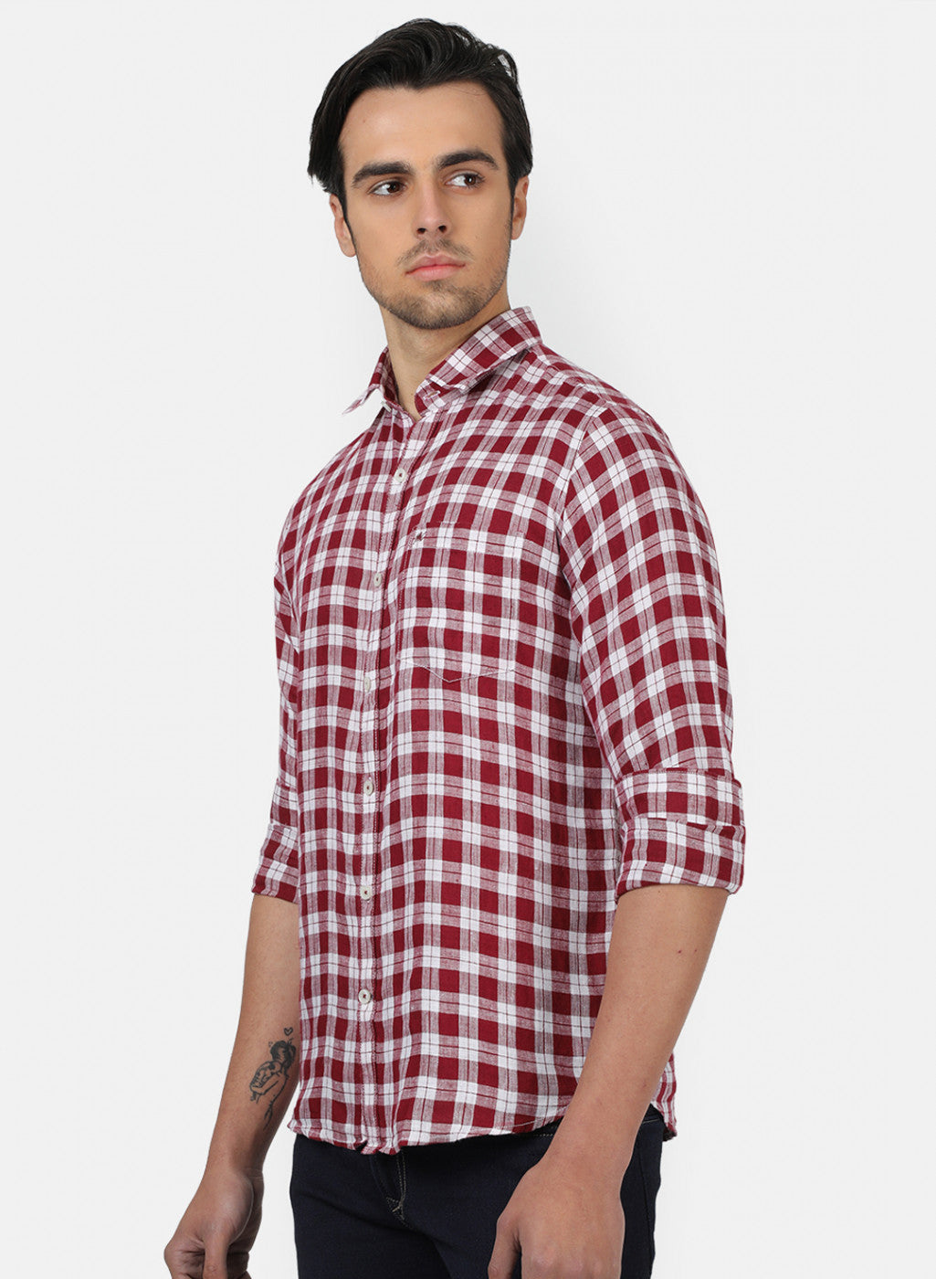 Men Maroon Check Linen Shirt