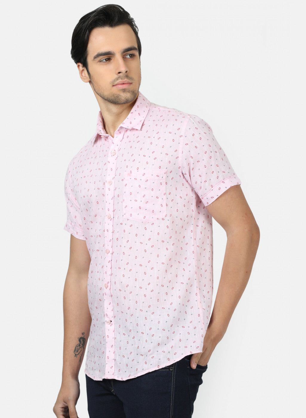 Men Pink Printed Linen Shirt