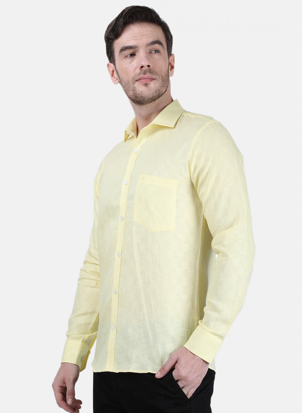 Mens Yellow Self Linen Shirt