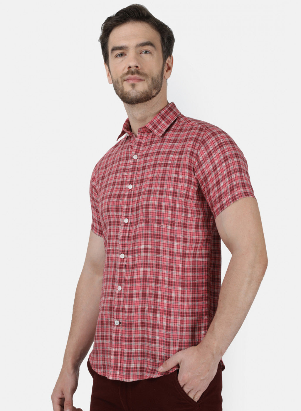 Mens Orange Check Linen Shirt
