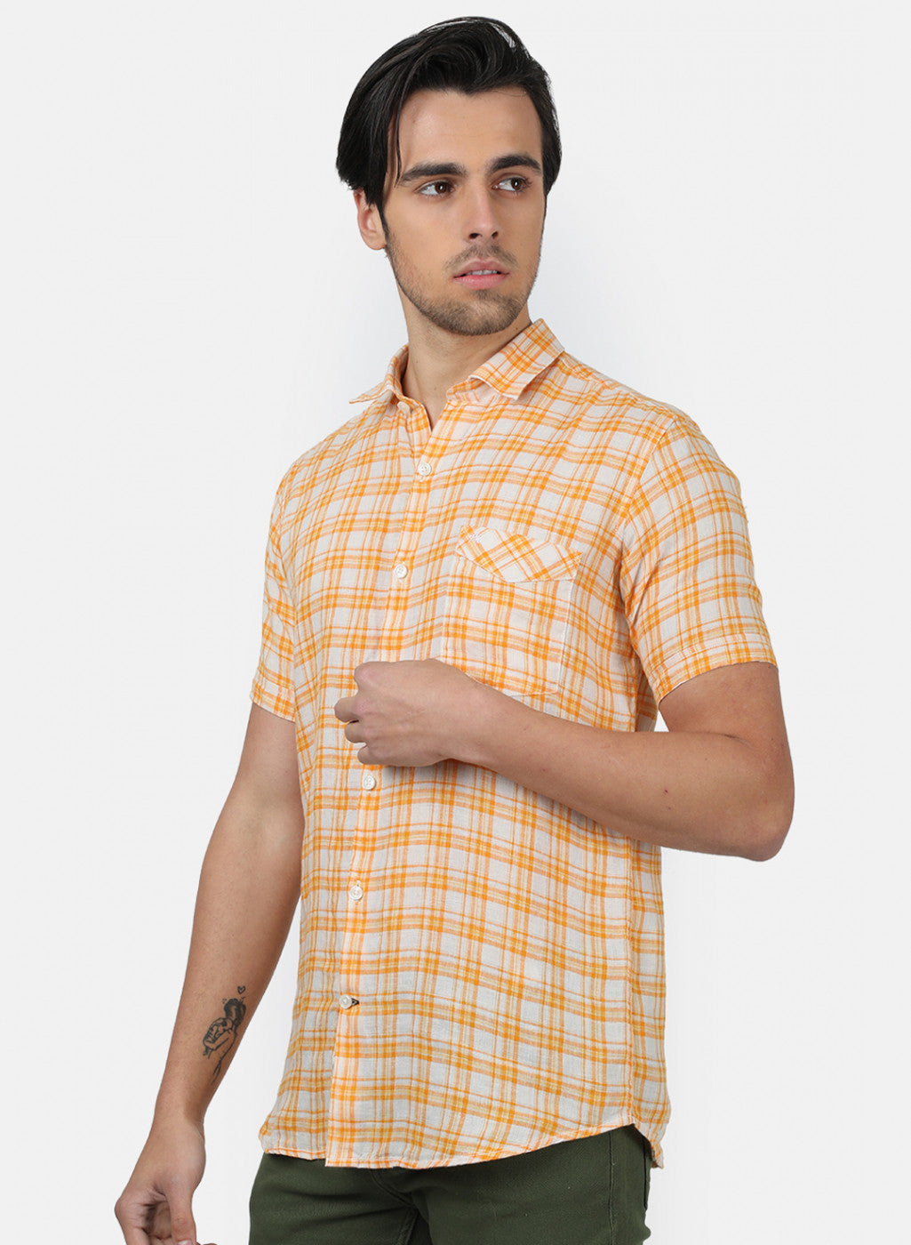 Men Orange Check Linen Shirt