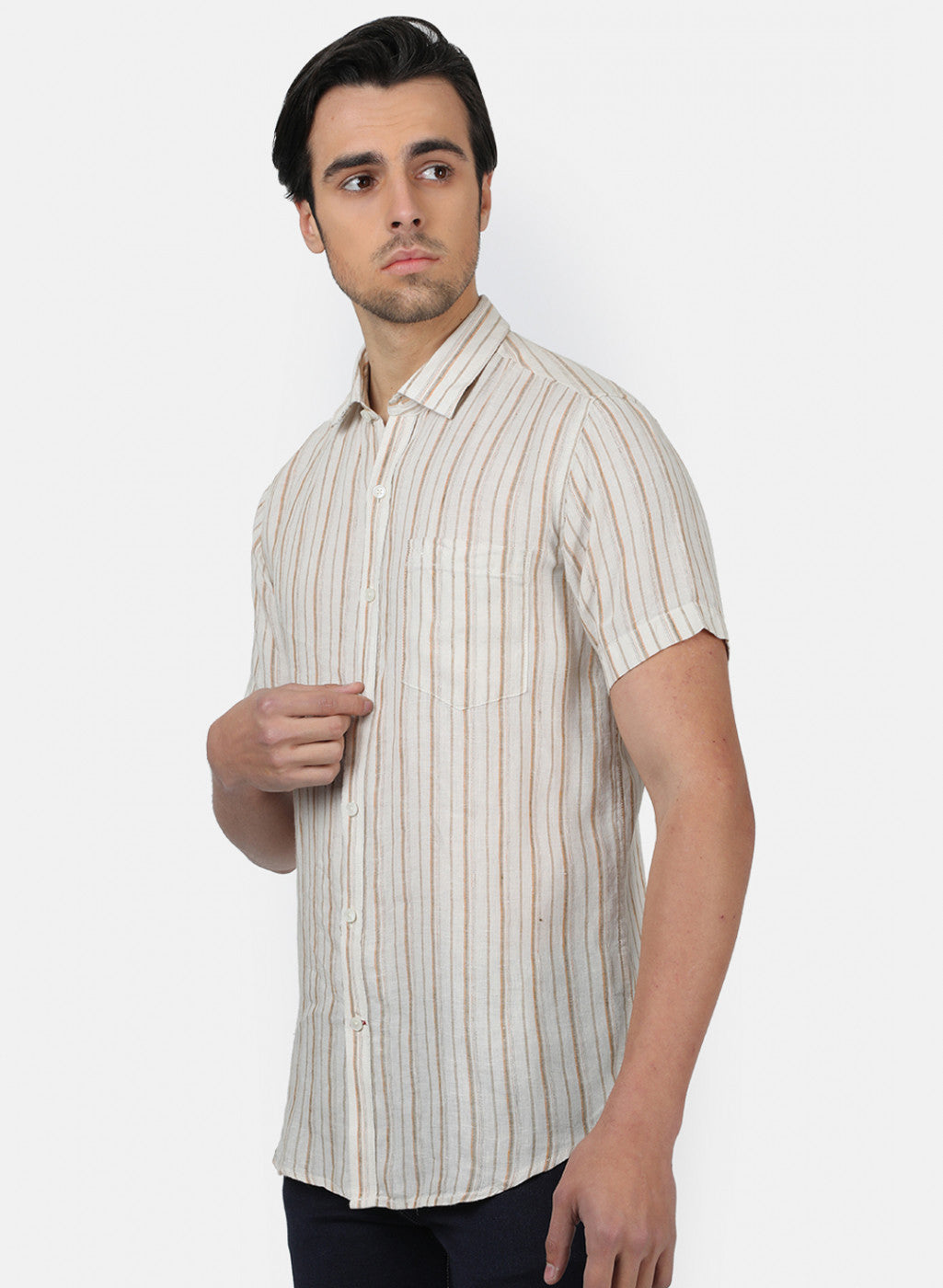 Men Brown Stripe Linen Shirt