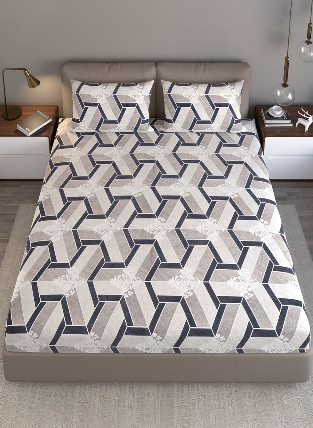 120TC Pure Cotton Queen Bedsheet with 2 Pillow Covers