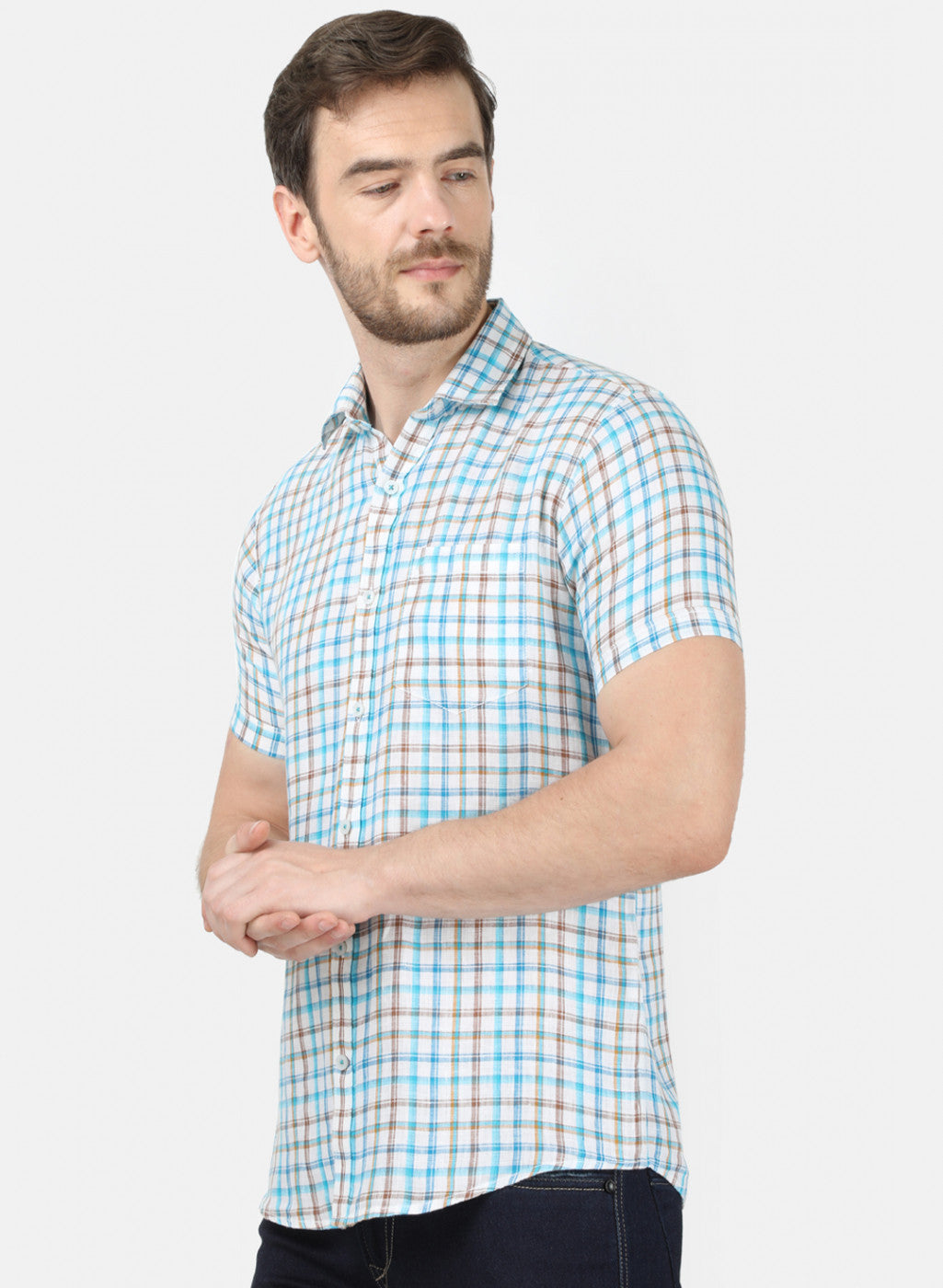 Mens Blue Check Linen Shirt
