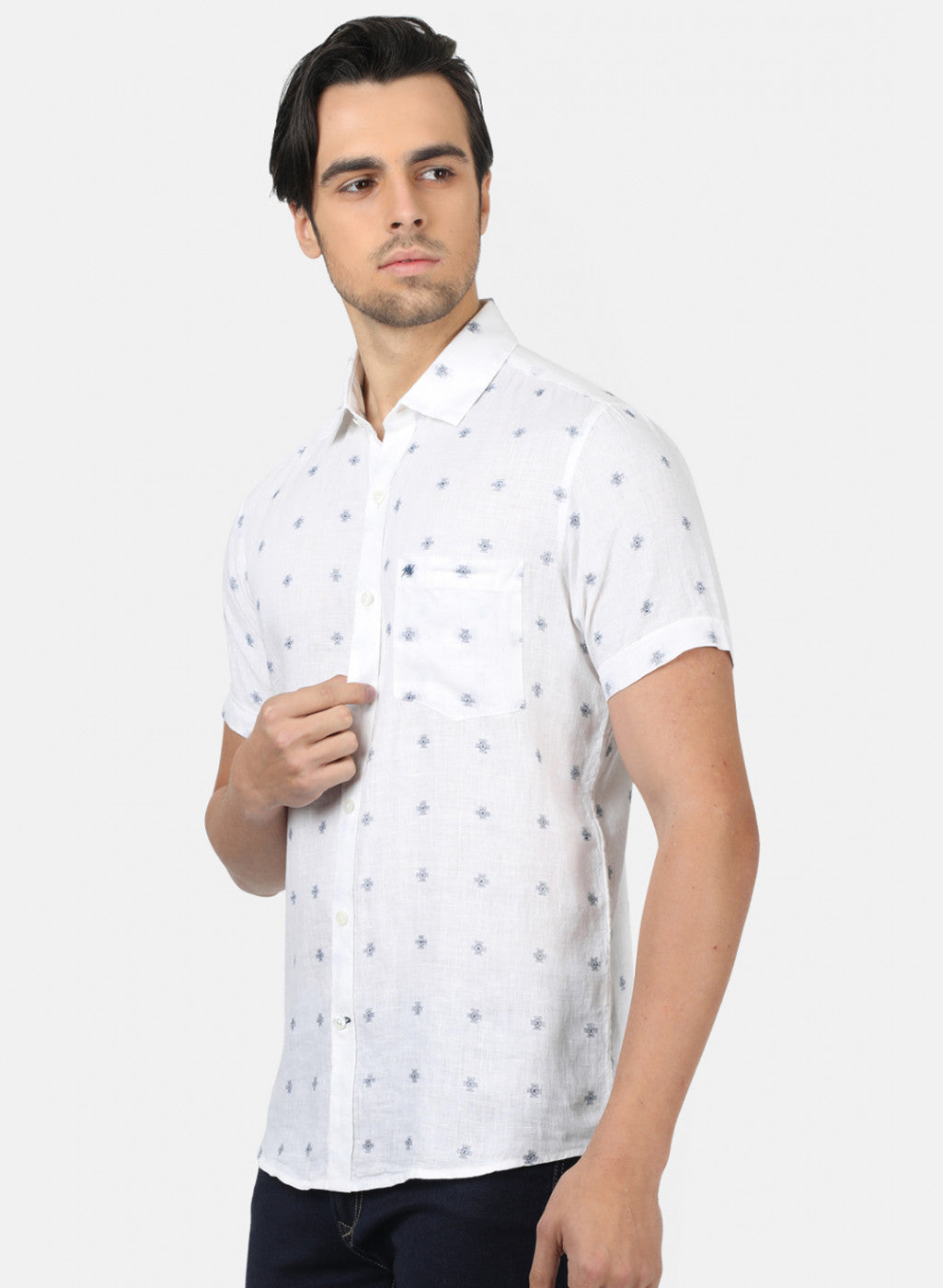 Men White Printed Linen Shirt