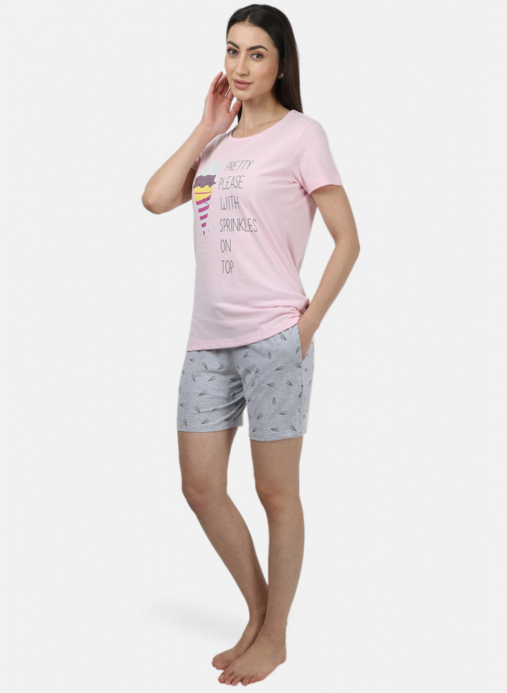 Womens Pink & Grey Printed Short Set
