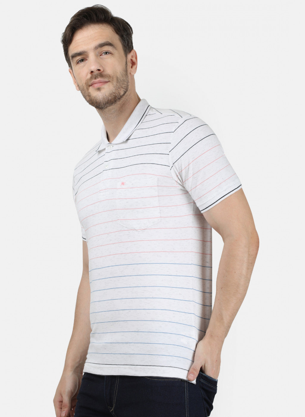 Mens White Stripe Collar T-Shirts