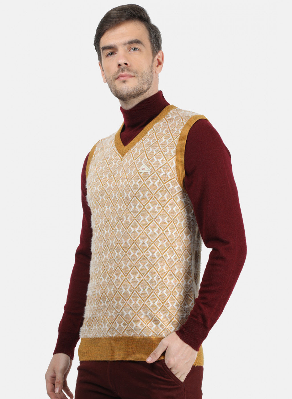 Men Mustard & White Solid Sweater